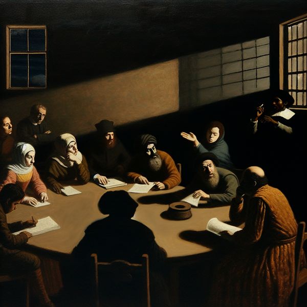 Intense Vergaderomgeving met Strategische Presentatie Een intensieve vergadering met een groep mensen rond een ronde tafel in een dramatisch verlichte ruimte, waar een persoon staat te gebaren terwijl anderen luisteren.
