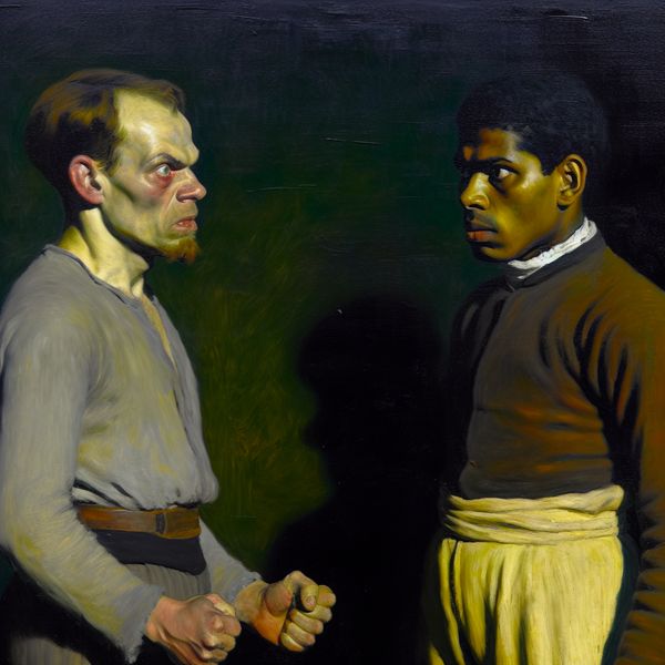 Twee mannen in een intense confrontatie, gezichten vertrokken van haat en vijandigheid, geschilderd in de stijl van Frans Hals