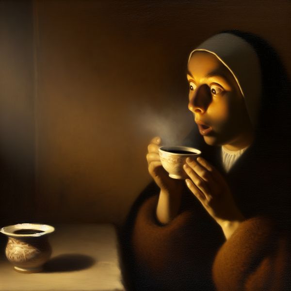 Intensiteit van koffiesmaak in Vermeer-stijl schilderij voor taalonderwijs Vrouw verrast door intense smaak van donkere koffie in stille Vermeer-achtige setting met zacht licht