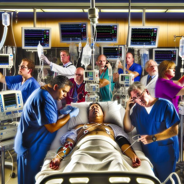Intensive Care Unit Ziekenhuis Drama Intensive Care Unit met patiënten in bed omringd door medische staf, die zorg verlenen in een dringende situatie
