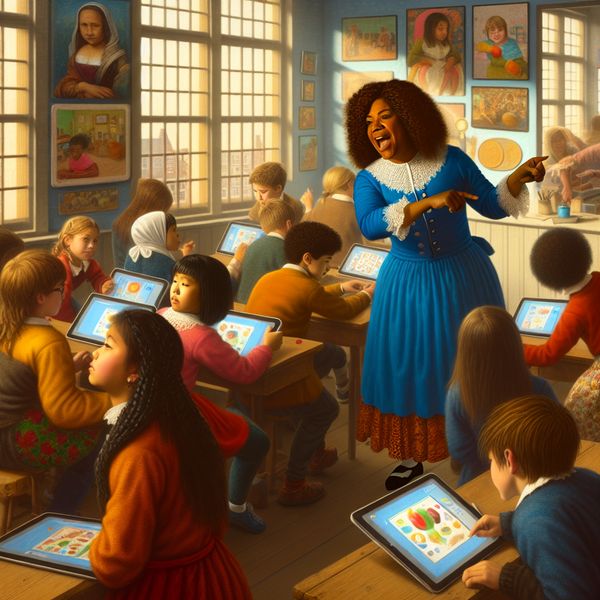 Een levendige klaslokaal scène met een enthousiaste leraar die educatieve technologie demonstreert aan geïnteresseerde studenten.