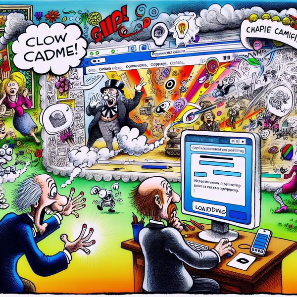 Interactieve webpagina met kleurrijke cartoons op computer en mobiel Cartoonachtige scene van een computer en mobiel apparaat die een interactieve webpagina tonen met kleurrijke afbeeldingen en speelse karakters.