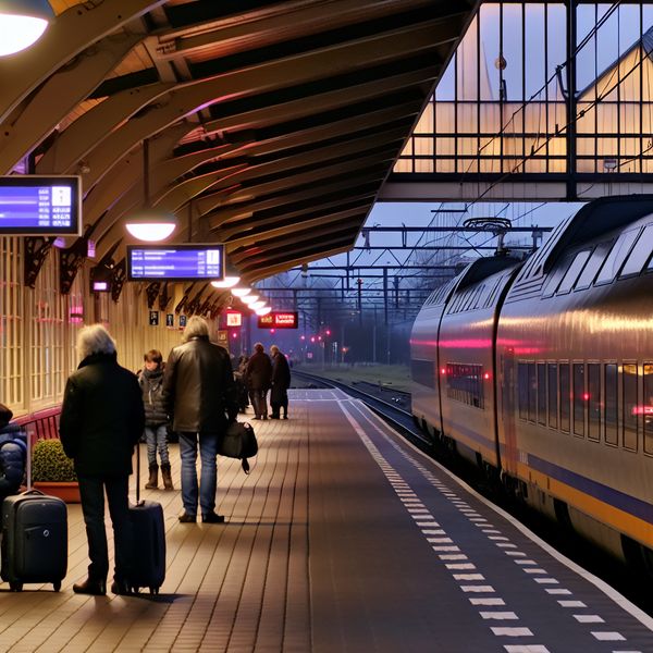 Intercity trein vertrekt naar Amsterdam Intercity trein vertrekt vanaf een serene treinstation in de schemering