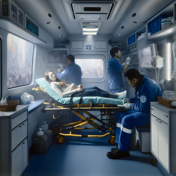 Rustieke interieur van een ambulance met een patiënt op een brancard en een paramedicus die aanspreekt op de aandacht.