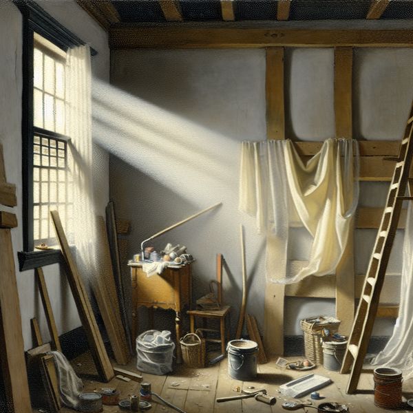 Interieur van een huis in renovatie met bouwmaterialen en diffuus licht