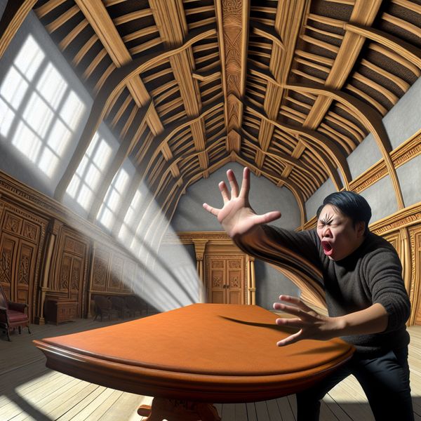 Surrealistische interieur met man aan tafel Een man slaat met zijn vuist op een grote, gepolijste houten tafel in een surrealistische kamer met hoge plafonds en gedetailleerde houtbewerking.