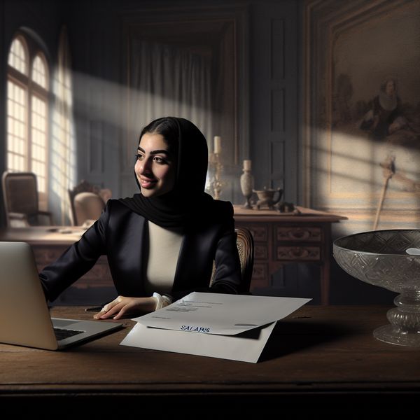 Professioneel interieur met bankafschrift en salaris Een jonge professional kijkt tevreden naar een bankafschrift op het computerscherm op een houten bureau.