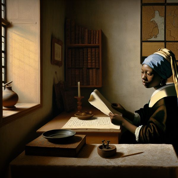 Interieur scène geïnspireerd door Vermeer met denker aan tafel Een geleerde die nadenkt over een complexe vraag op perkament aan een houten tafel in een sfeervolle ruimte.