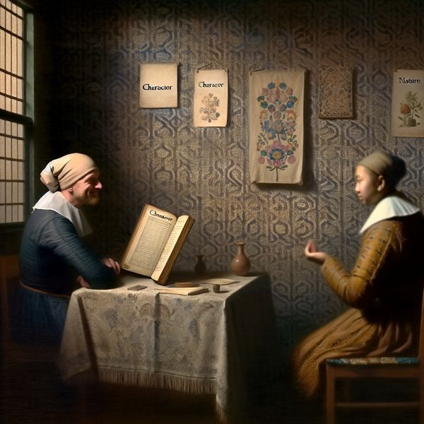 Aandacht en Vertrouwen in Interieur met Boek over Karakter Een persoon luistert aandachtig naar een ander in een serene interieursetting, met een open boek over karakter en natuur op tafel.