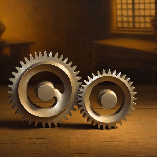 Interlocking Gears in a Serene Workshop Setting Twee in elkaar grijpende tandwielen op een houten tafel, verlicht door zacht licht met een achtergrond van een vervaagde antieke werkplaats.