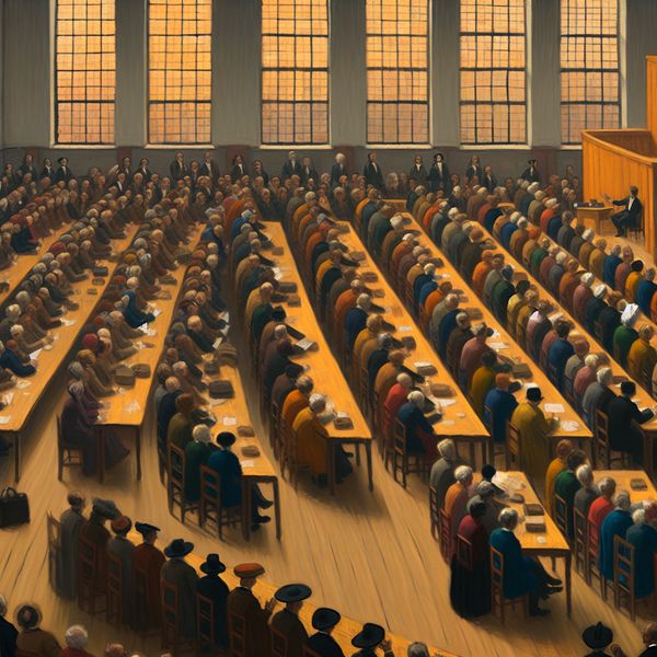 Internationaal Congres: Deelname aan Meerdere Sessies Internationaal congres met meer dan duizend deelnemers in een grote zaal, zittend aan lange houten tafels, luisterend naar sprekers op een verhoogd podium.