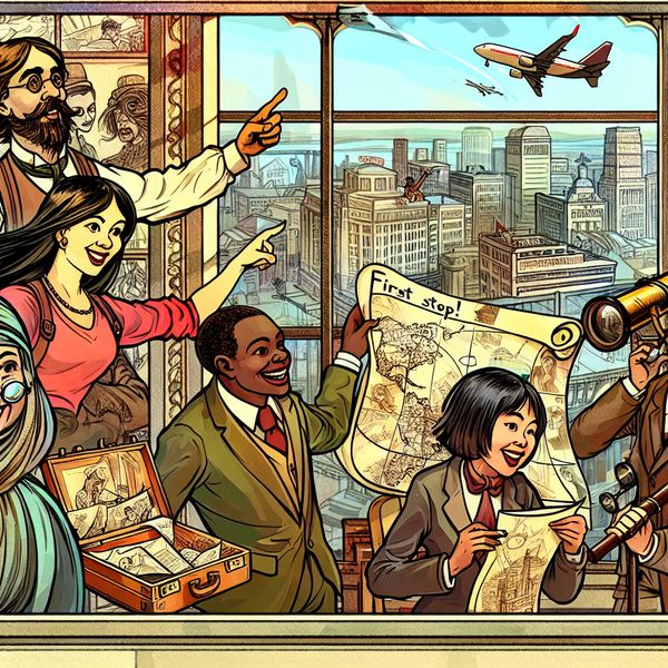 Cartoon illustratie van een druk bedrijf kantoor met diverse werknemers die enthousiast een internationale uitbreiding plannen.