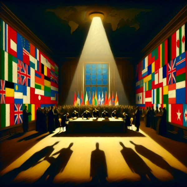Internationale samenwerking en vlaggen van landen Meerdere landen vertegenwoordigd door hun vlaggen en samenwerkingsovereenkomsten die samen worden ondertekend in een zwak verlichte kamer met een enkele straal licht.