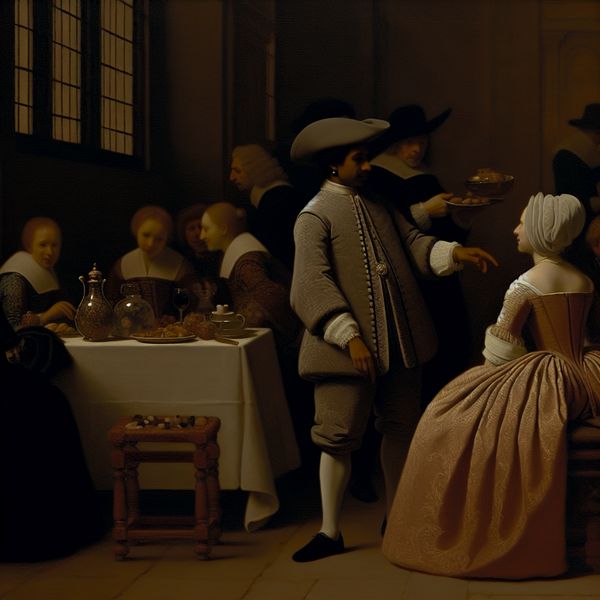 Intieme bijeenkomst met elegante gasten Twee elegant geklede personen in een intieme setting van een klein feestje, met rustige gesprekken en een serene sfeer