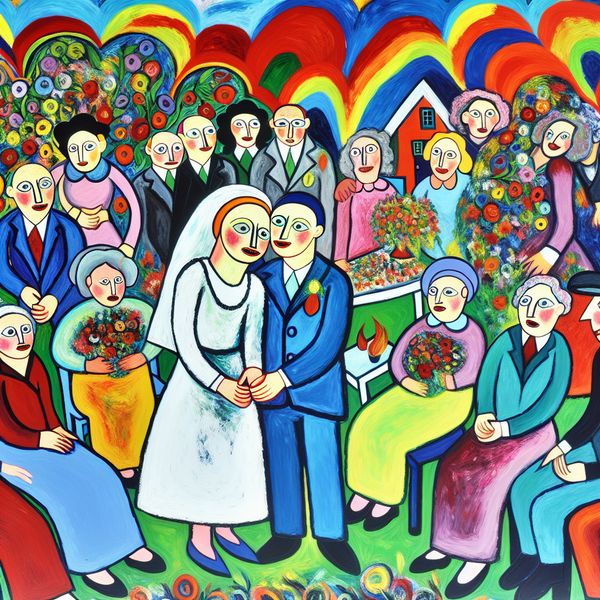 Intieme bruiloft zonder ceremonie in kleurrijke stijl Een liefdevol stel in een kleurrijke, abstracte setting, omringd door bloemen en familie, waar zij hand in hand staan met vreugde in hun ogen.