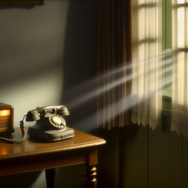 Antieke Telefoon en Berichtenmachine in Rustige Kamer Een rustige kamer met een antieke telefoon en vintage antwoordapparaat op een houten tafel