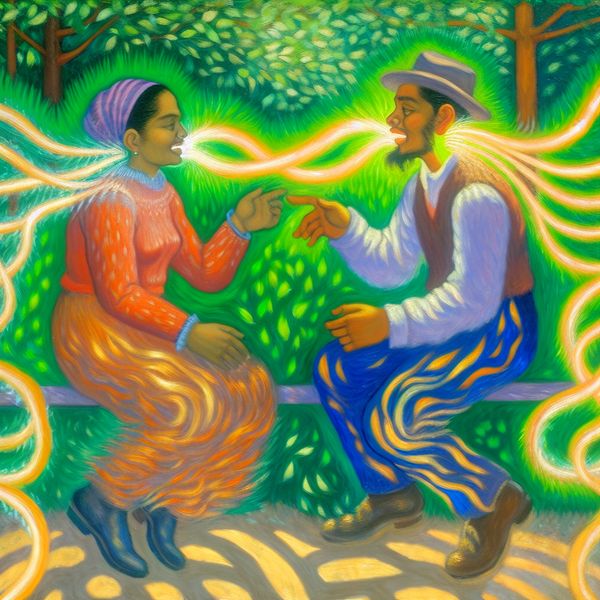 Intieme conversatie in een park – sporen in een relatie Twee mensen in een warme conversatie in een zonovergoten park, met stralende, verweven lijnen op de achtergrond die hun verbinding symboliseren.