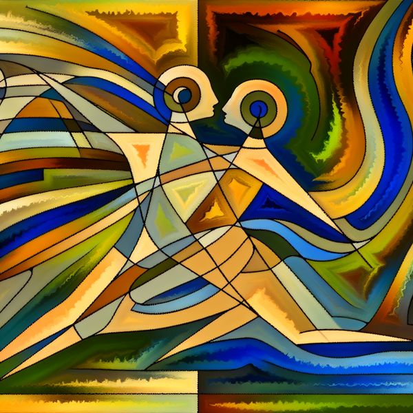 Abstracte afbeelding van twee figuren in een speelse, liefdevolle interactie met geometrische vormen en retro-futuristische stijl.