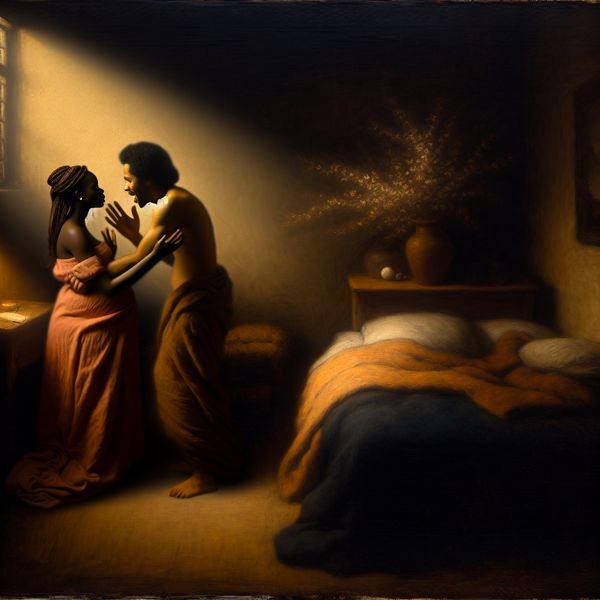 Intieme scene van een koppels liefde in een slaapkamer Een koppel in een rustige slaapkamer, uitdrukkend liefde en verbinding, met een warme gloed om hen heen