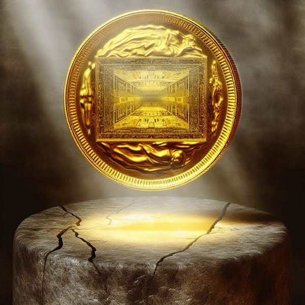 Intrinsieke waarde van een gouden munt in surrealistisch kunstwerk Hyperrealistisch surrealistisch schilderij van een oude gouden munt met intrinsieke waarde op een gebarsten stenen voetstuk, omringd door een dromerige achtergrond met een spookachtige historische reflectie