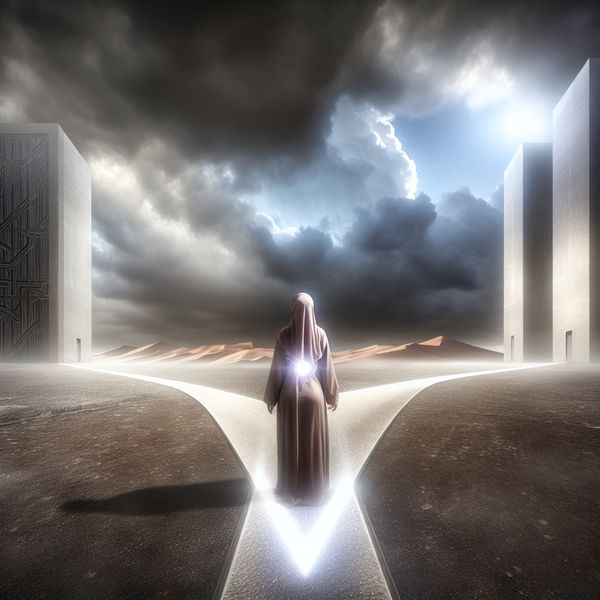Intuïtie en keuzes: innerlijk licht als gids bij belangrijke beslissingen Persoon bij een kruispunt in een surrealistisch landschap met innerlijk licht dat intuïtie symboliseert, stijl van Carel Willink