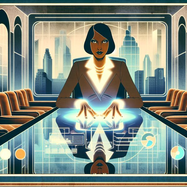 Retro-futuristische illustratie van een Amerikaanse investeerder die een bedrijf beheerst via een holografisch financieel dashboard in een stijlvolle bestuurskamer