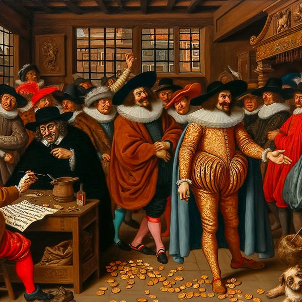 Invloed en corruptie in een 17e-eeuws taverne-tafereel van Jan Steen 17e-eeuwse Hollandse taverne-scène van Jan Steen met een machtige directeur die invloed uitoefent door gunsten te verlenen aan smekende vrienden en medewerkers