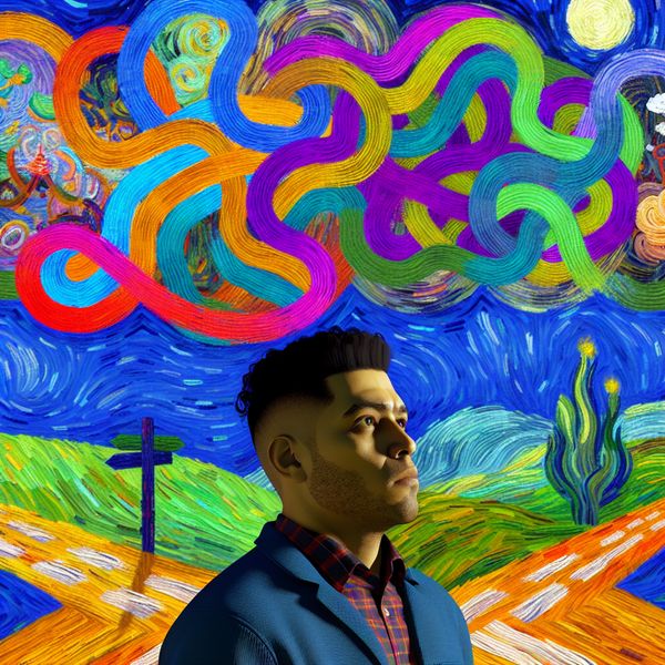 Invloed van onbewuste gedachten op gedrag - Van Gogh-stijl Een persoon bij een kruispunt met kleurrijke labyrinten boven hun hoofd die onbewuste gedachten symboliseren, geïnspireerd door Vincent van Gogh.