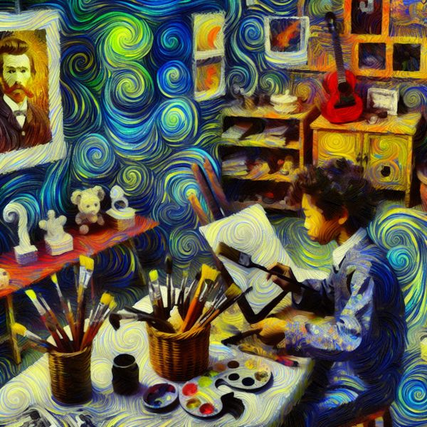 Invloeden van sociale en culturele omgeving op kindercreativiteit - Van Gogh stijl Kind omringd door kleurrijke kunst en creatieve materialen in een levendige Van Gogh-stijl omgeving, symboliserend culturele en sociale invloeden op groei