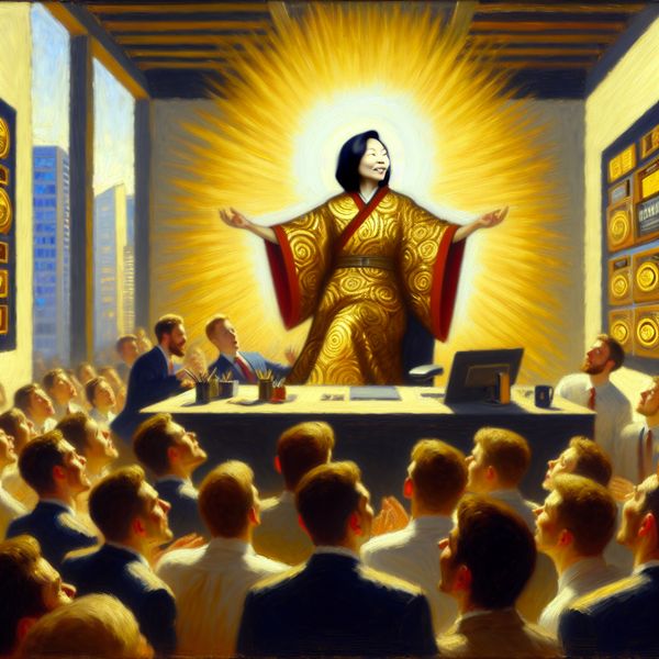 Invloedrijke directeur in moderne kantooromgeving Corporate director depicted as a deity in a vibrant office scene, radiating authority.