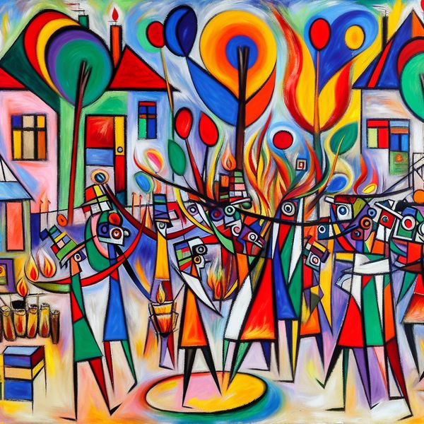 Kleurrijke, abstracte dorpsscène met vrolijke inwoners die een zomerfestival organiseren in de expressieve stijl van Karel Appel