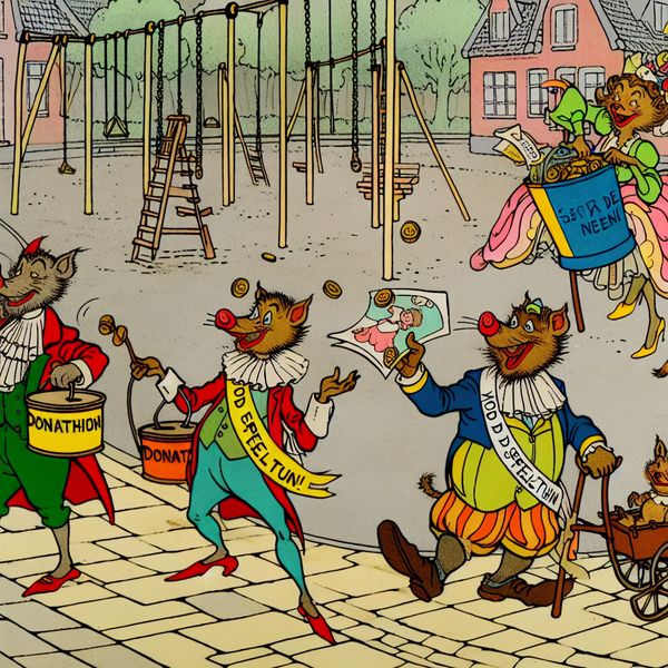 Inzamelen voor speeltuin: vrolijke dierenactie voor goed doel Kleurrijke cartoon van antropomorfe dieren die geld inzamelen voor een nieuwe speeltuin met vrolijke donatieboxen en sjerpen met 'Voor de Speeltuin!'