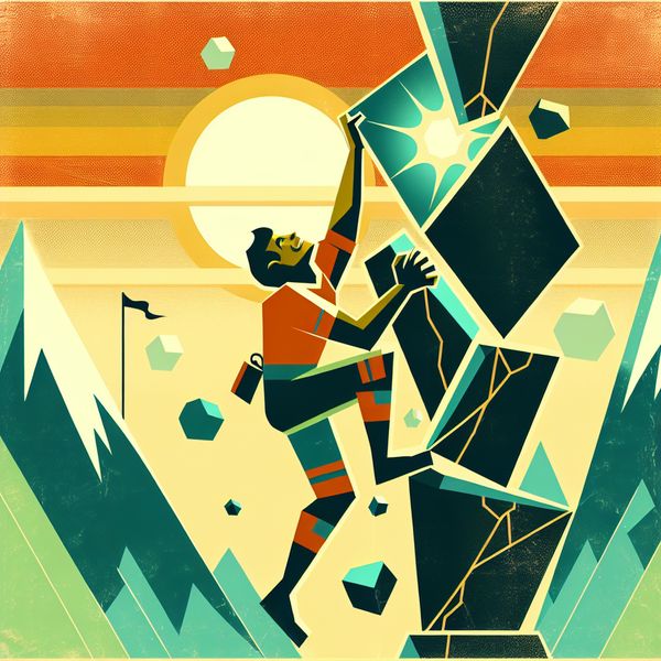 Illustratie van een vastberaden persoon die een steile, geometrische berg beklimt, symbool voor langdurige inzet en doorzettingsvermogen bij het nastreven van een doel