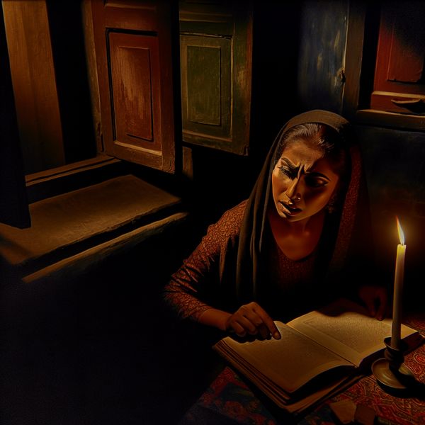 Inzicht verkrijgen door contemplatie Een persoon zit aan een tafel in een zwak verlichte kamer, met een candela die hun gezicht verlicht terwijl ze contemplatief naar een open boek kijken.