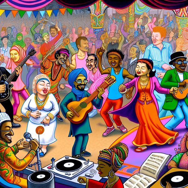 IRA muziektrendillustratie festival Vibrante cartoonachtige scène van een muziekfestival met diverse mensen die genieten van muzikale acts, dansen en kleurrijke optredens, geïnspireerd door IRA.