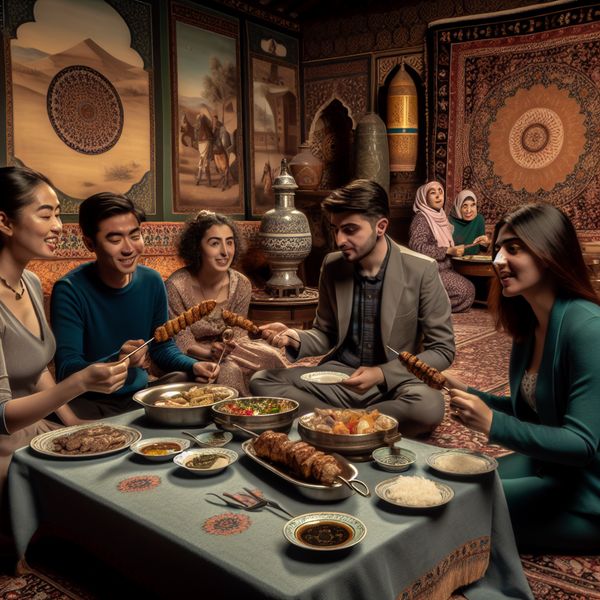 Een diverse groep mensen geniet van traditionele Iraakse gerechten aan een prachtig gedekte tafel.