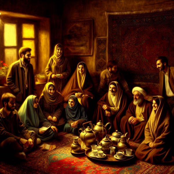 Gastvrijheid van Iraanse mensen: Welkom in huis Iraanse mensen verwelkomen gasten in hun huis, omringd door traditionele cultuurelementen zoals prachtige tapijten en een thee-serveerservice.