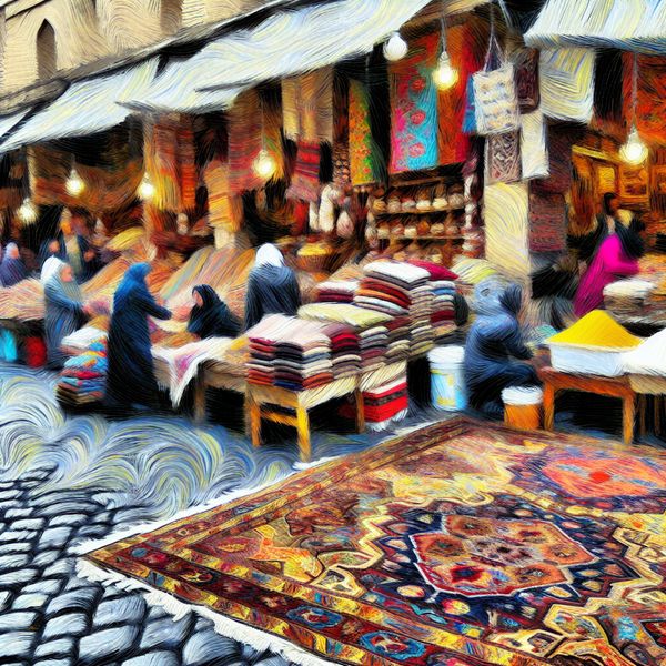 Iraanse Markt met Traditioneel Tapijt en Producten Een levendige markt met een prominent weergegeven Perzisch tapijt omringd door verschillende Iraanse producten.