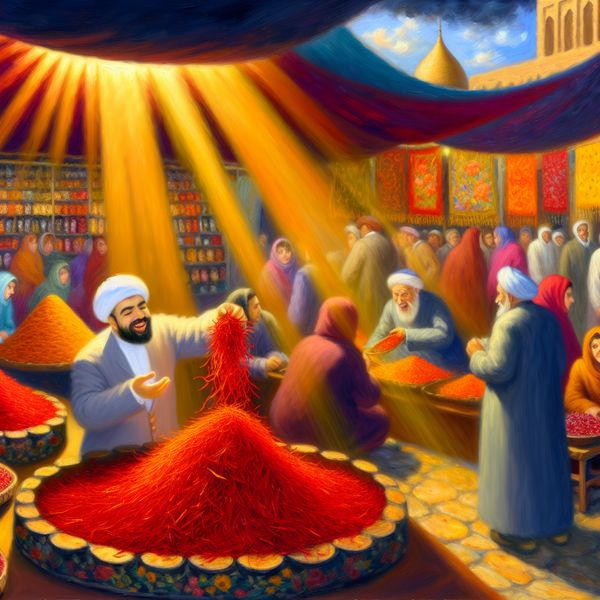 Iraanse Saffraan op Levendige Markt Levendige markt waar een vrolijke handelaar Iraanse saffraan in luxe verpakkingen toont te midden van kleurrijke kraampjes vol specerijen en ambachtelijke producten.
