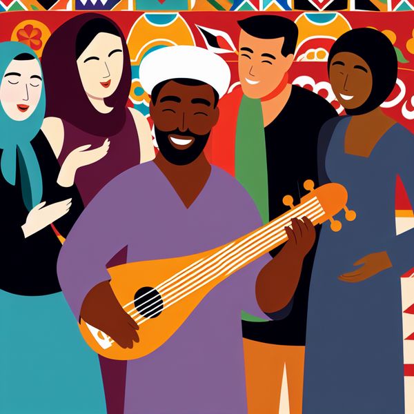 Iraanse Muziek en Cultuur Deel Ervaring Een Iraanse vriend deelt traditionele Iraanse muziek met een diverse groep mensen, met kleurrijke patronen op de achtergrond.