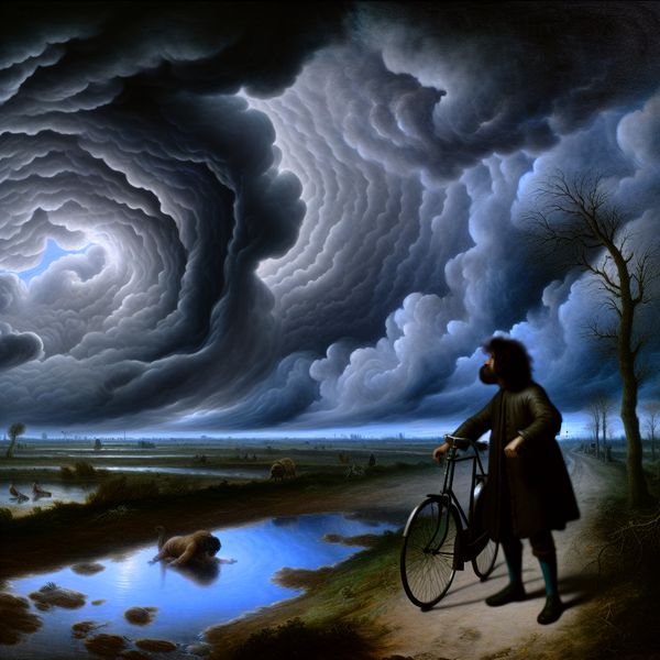 Irritant moment in regenachtig Nederlands landschap - taal leren en emoties Een gefrustreerde persoon met een fiets in een regenachtig 17e-eeuws Nederlands landschap, met donkere wolken en modderige paden