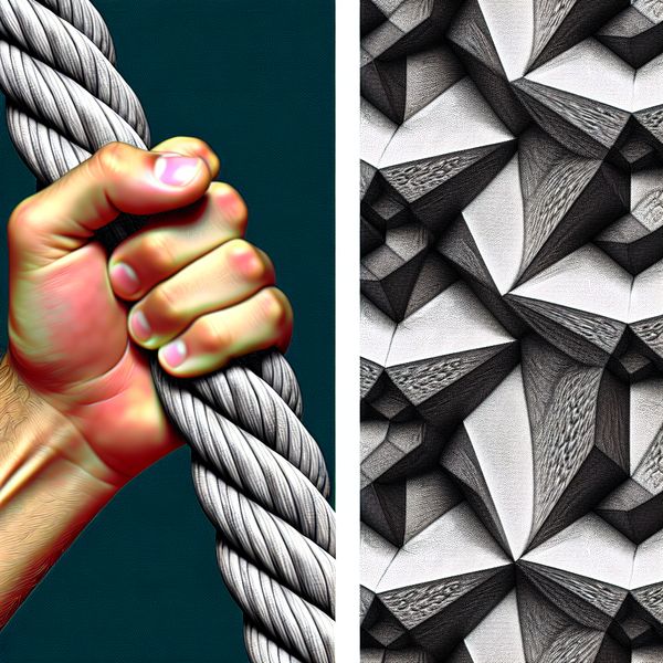Close-up van handen die een ruw touw vasthouden met zichtbare irritatie en schurende textuur, geïnspireerd op M.C. Escher