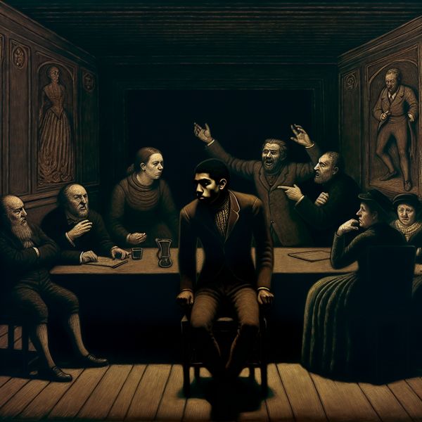 Deisolatie in een formele vergadering Een man staat dejected in een formele setting met een groep mensen die zelfverzekerd zijn in een boardroom.