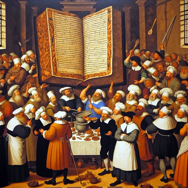 17e-eeuws Hollands keukentafereel van Jan Steen-stijl met koks rond een gezaghebbend Italiaans kookboek als naslagwerk