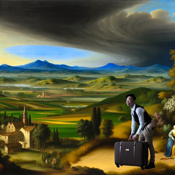 Italiaans landschap met toerist die koffer inpakt voor vakantie Een figuur pakt een koffer in met een prachtig Italiaans landschap op de achtergrond, wat een aanstaande vakantie symboliseert.