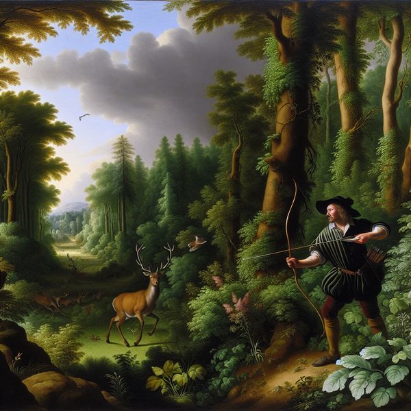 Jager in traditionele kleding jacht op groot wild in een dicht bos onder een dramatische lucht, met een boog in de aanslag.