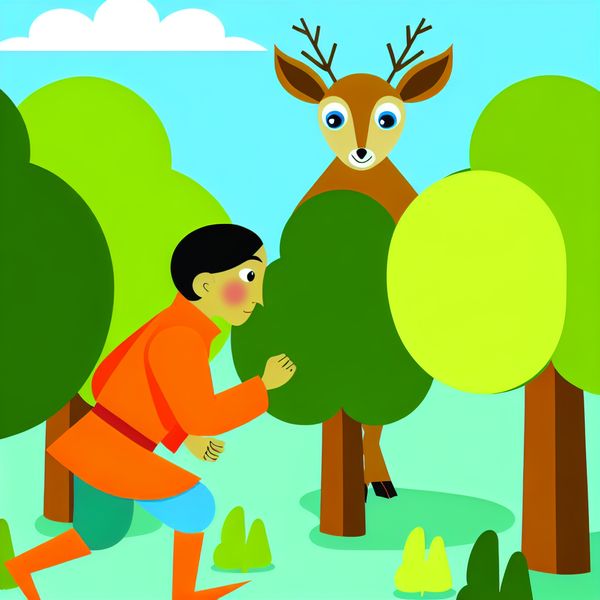 Een gestileerde jager in een feloranje jas die zich voorzichtig door een kleurrijk bos beweegt, terwijl hij een cartoonachtige hert observeert.