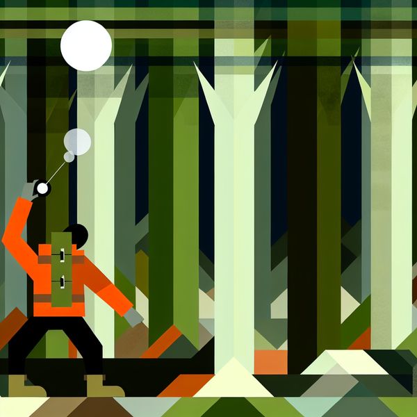 Minimalistische illustratie van een jager in fel oranje jas die een schot lost in een geometrisch bos, met rook uit het vuurwapen