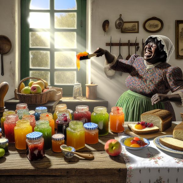 Een jonge vrouw smeert kleurrijke jam op een stuk rustiek brood in een vintage keuken geïnspireerd door Anton Pieck.