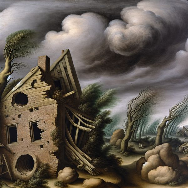 Jammerend geluid van de wind door oud huis in melancholisch landschap Dramatisch landschap in de stijl van Jacob van Ruisdael met een oud huis waar de wind jammerend doorheen waait, omringd door donkere wolken en woeste bomen